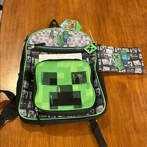 Minecraft 5 Piece Backpack Set Lunch Bag Supply Case Key Chain Carabiner